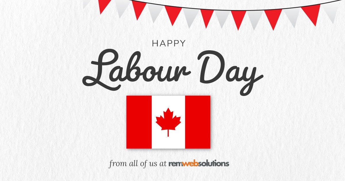 Labour day graphic with canadian flag, white and red decorations. 